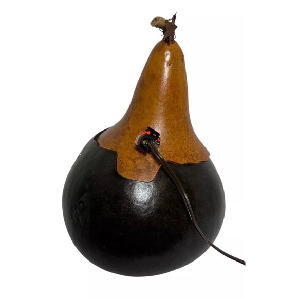 Vintage Gourd Lighted Orange & Black Pumpkin Halloween Hand Carved Folk Art Fall - Picture 6 of 13